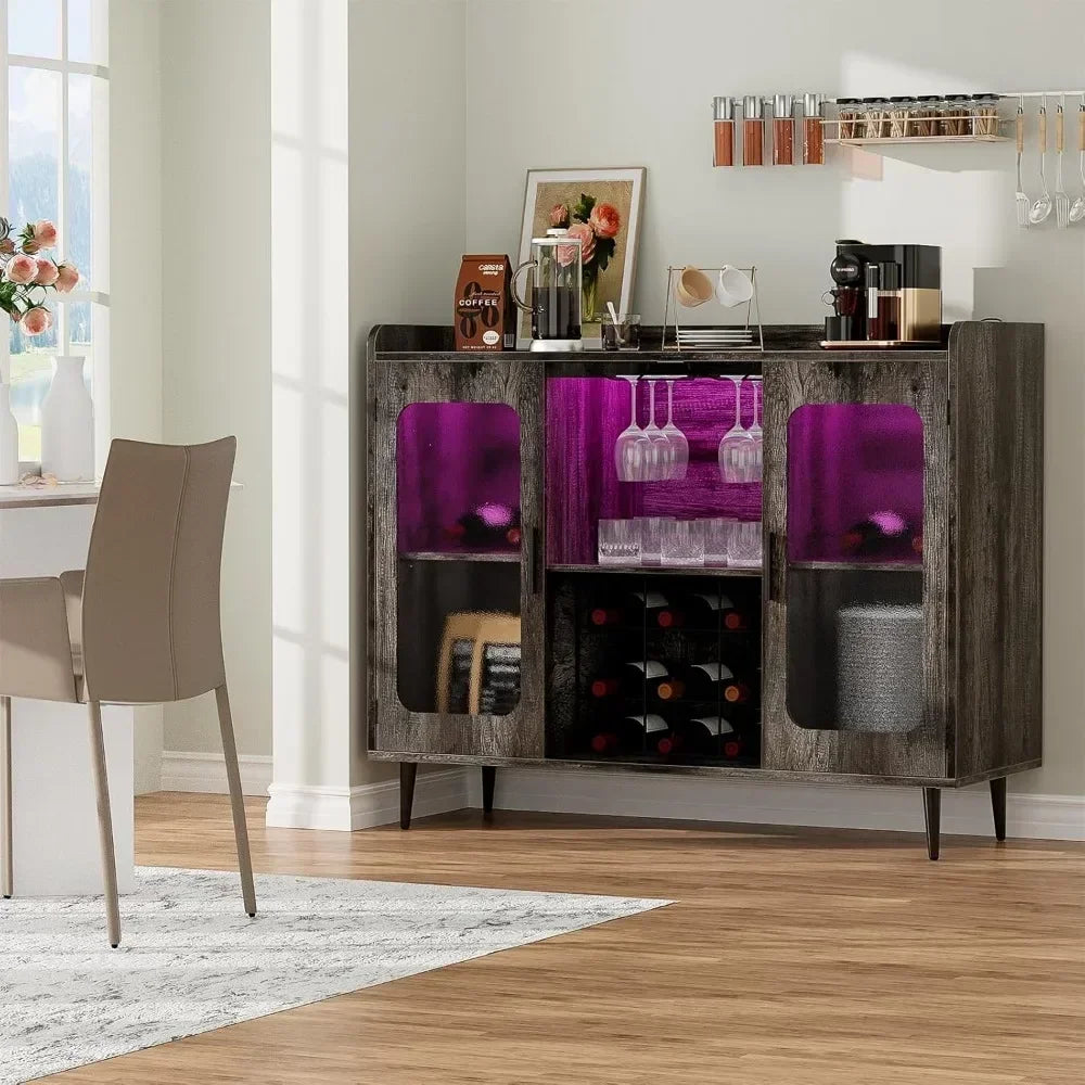 Liquor Cabinet Bar with Power Outlet LED Light Wine Storage Kitchen