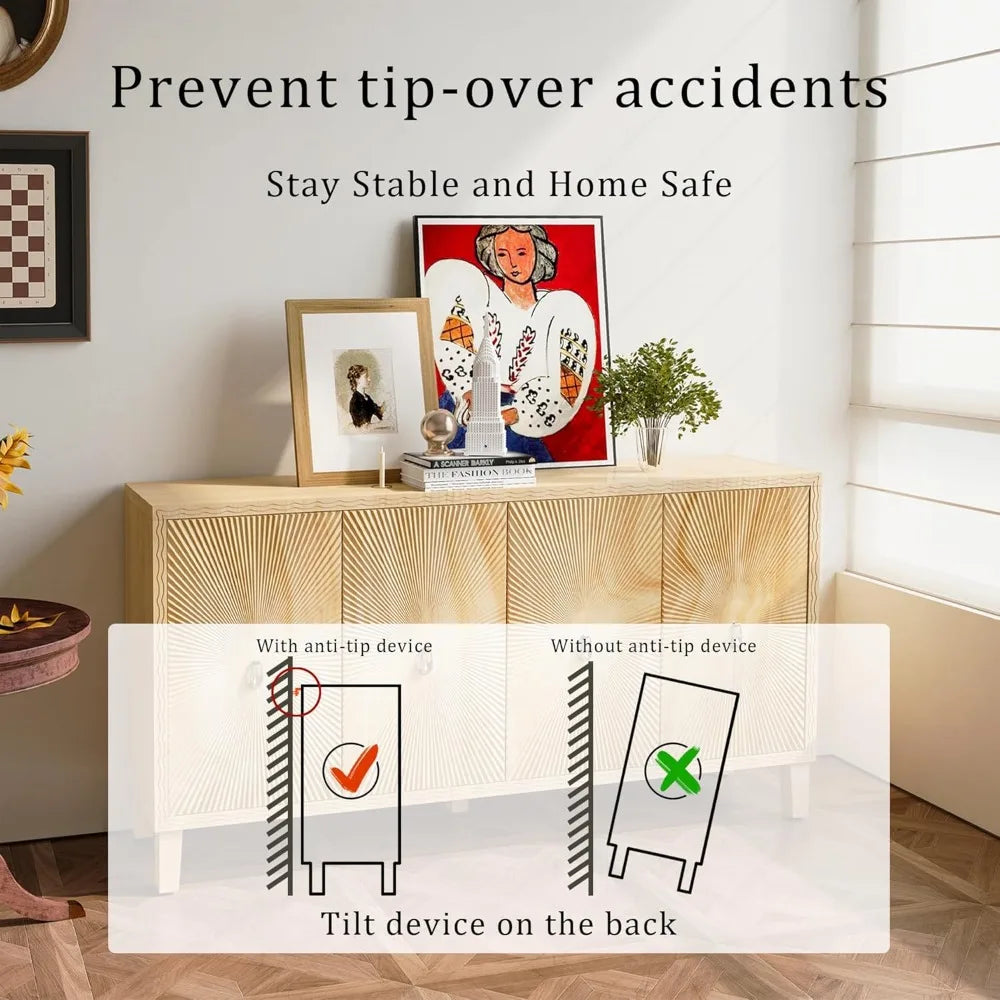 Vintage 4 Door Wooden Sideboard Storage Cabinet for Dining Room Kitchen