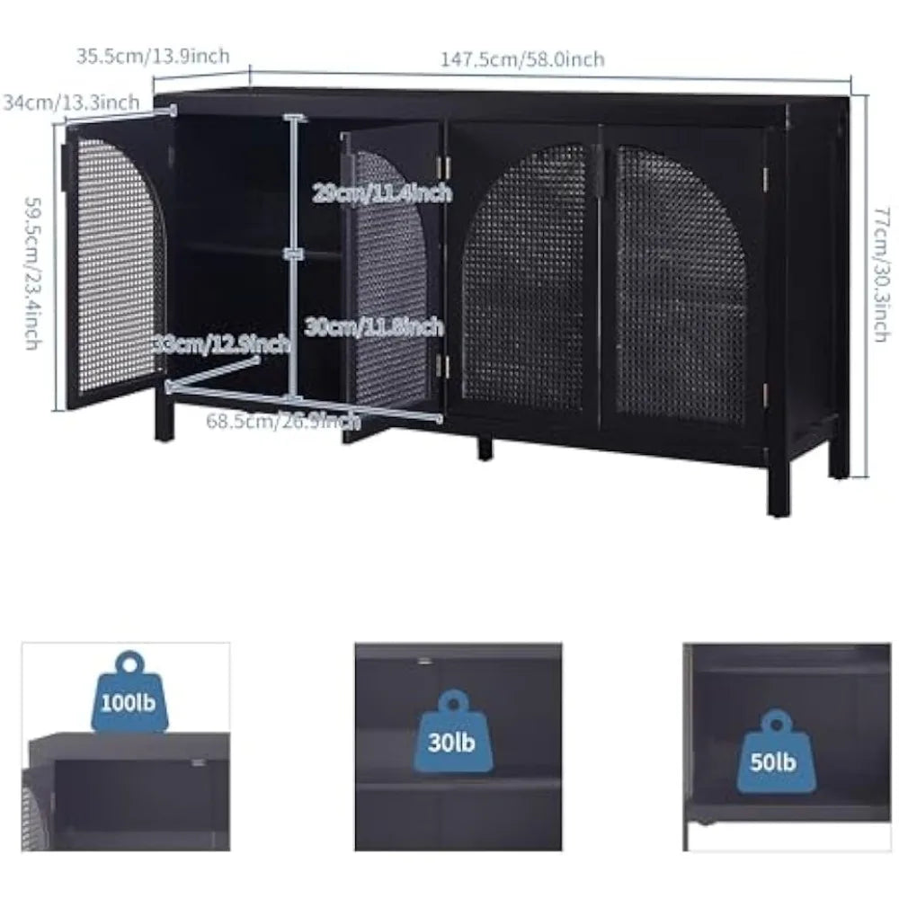 Buffet Sideboard Cabinet Storage Adjustable Shelves Rattan Doors