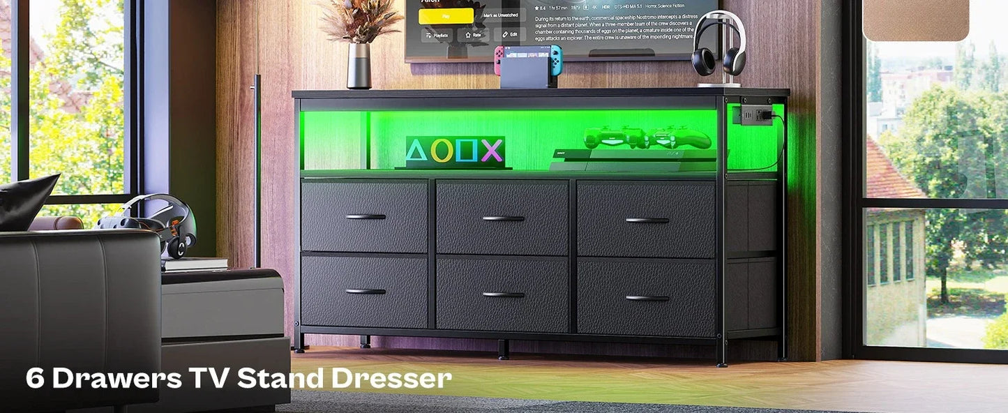 LED TV Stand 47 Inch Fabric Dresser with Power Outlets and 6 Drawers