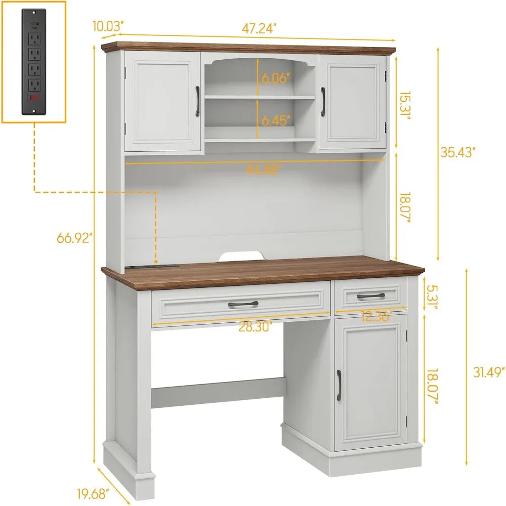 Farmhouse Executive Desk with Hutch LED Light Charging Station Storage