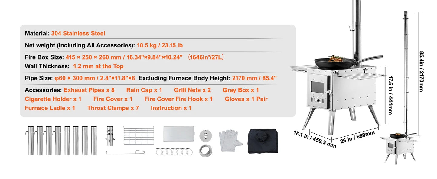 Ljustra Portable Camping Wood Stove Stainless Steel 86in Chimney
