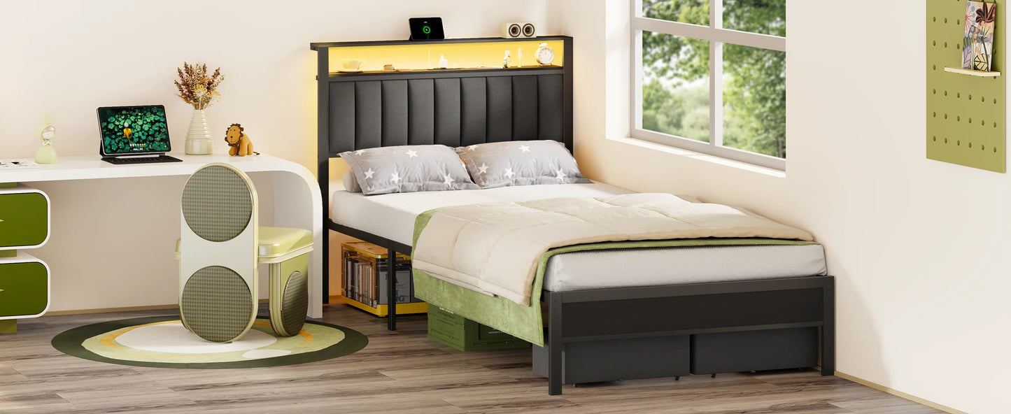 Ljustra Full Bed Frame with Charging Station LED Lights and Storage