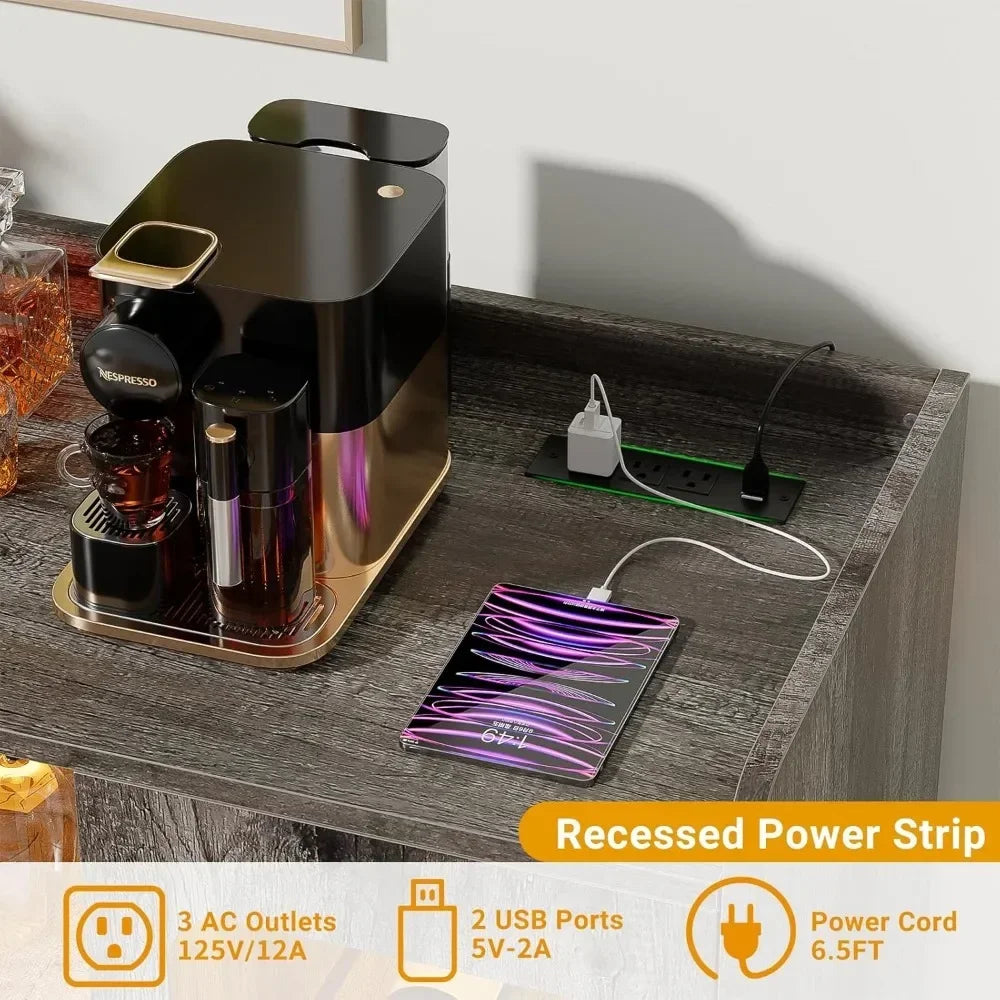 Liquor Cabinet Bar with Power Outlet LED Light Wine Storage Kitchen