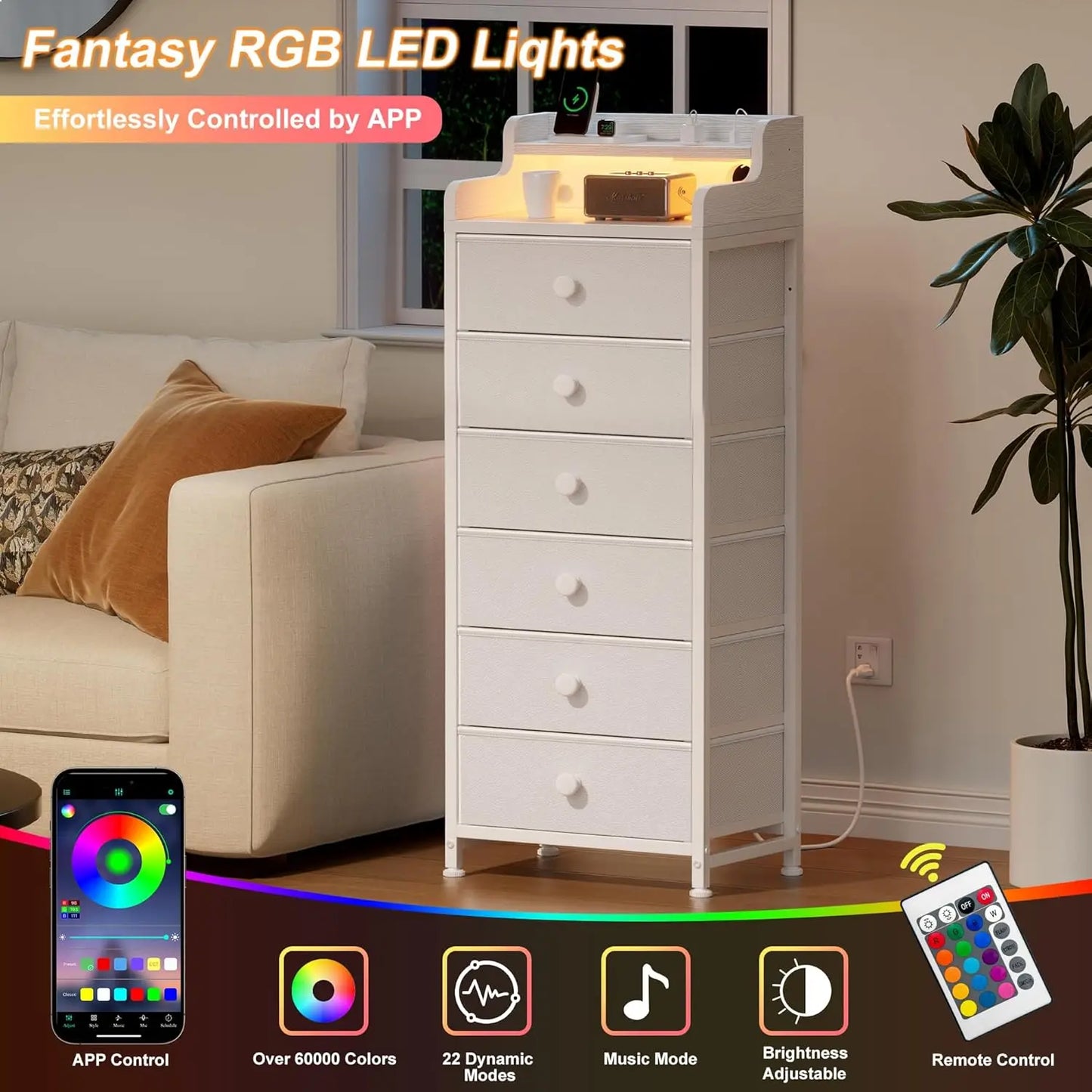 Dresser Bedroom Charging Station LED Lights 6 Drawers Tall Night Stand