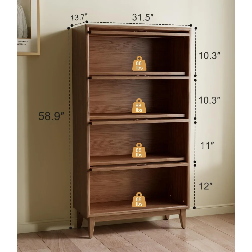 Ljustra Solid Wood Book Case 4Tier Bookshelves with Tempered Glass Doors