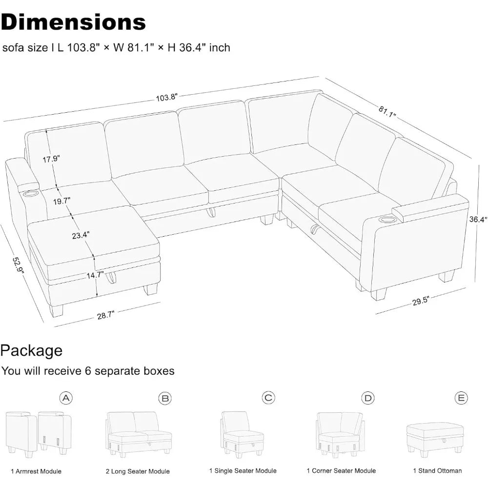 Ljustra Chenille Modular Sectional Sofa L Shaped with Storage Cup Holder