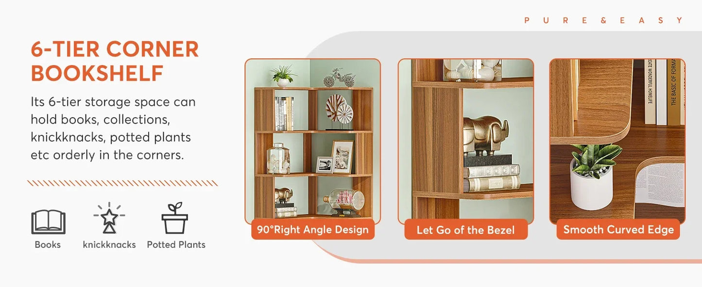 Ljustra 6 Tier Corner Bookshelf Industrial Bookcase Space Saving Design