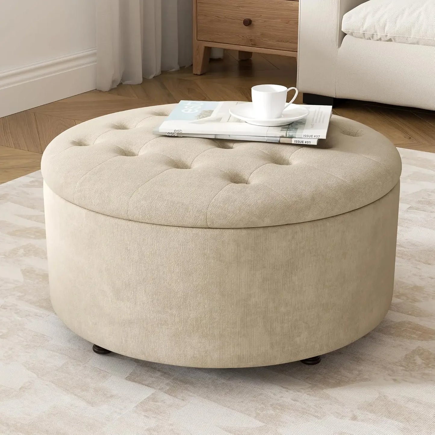 30 Inch Round Storage Ottoman Modern Tufted Coffee Table Upholstered