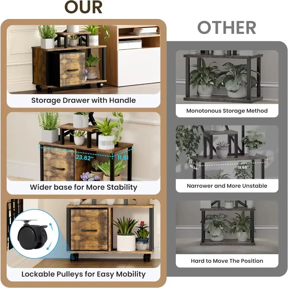 65 Inch Indoor Plant Stand with Grow Lights Tiered Metal Shelf with Wheels