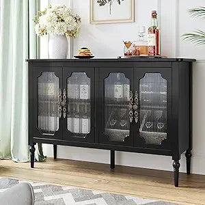 Vintage Buffet Sideboard with 4 Glass Doors Mid Century Storage Cabinet