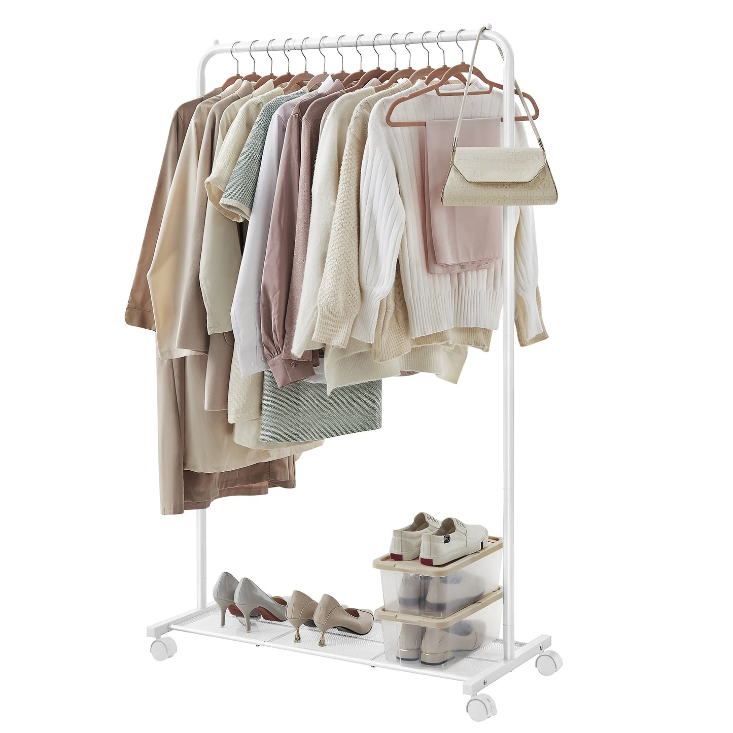 Ljustra Modern Metal Clothes Rack with Wheels and Storage Shelf