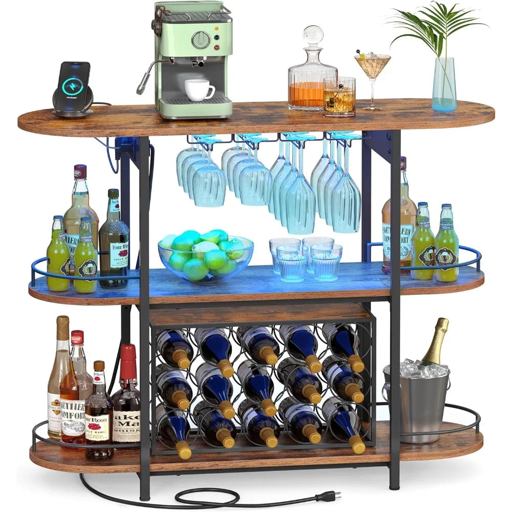Bar Cabinet with LED Lights Power Outlets Freestanding Wine Rack