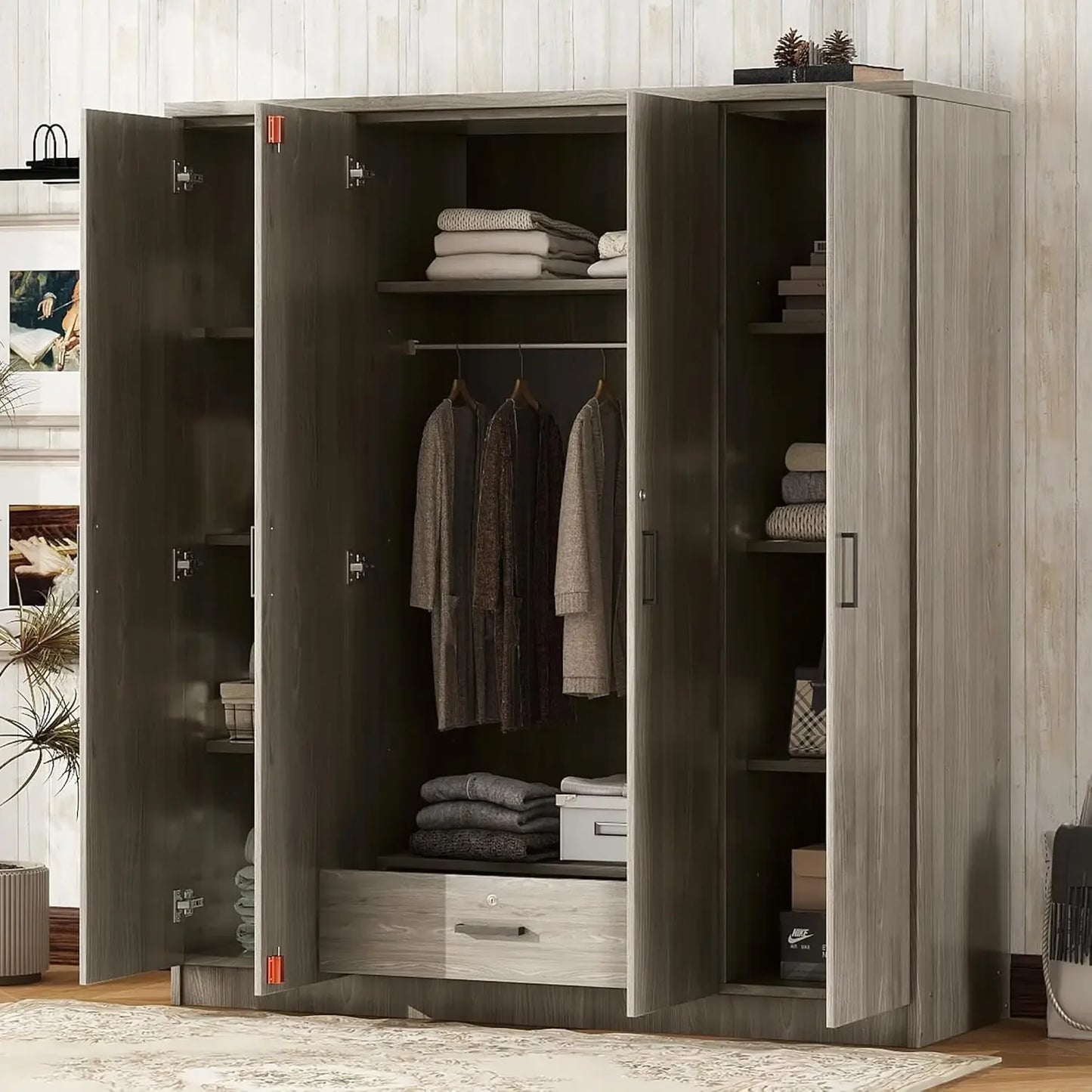 4-Door Wardrobe Armoire Closet with Drawers Shelves Hanging Rail