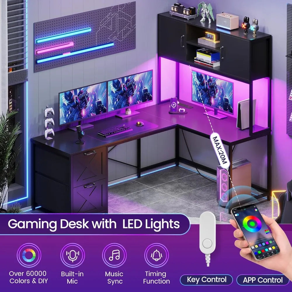 L Shaped Corner Computer Desk with Drawers Power Outlet Gaming Desk