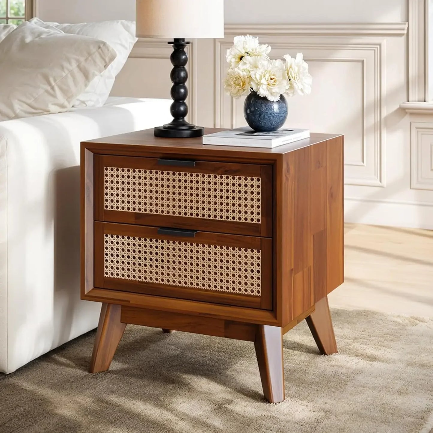 Jasper Deluxe Solid Wood Rattan Nightstand Mid Century Modern Side Table