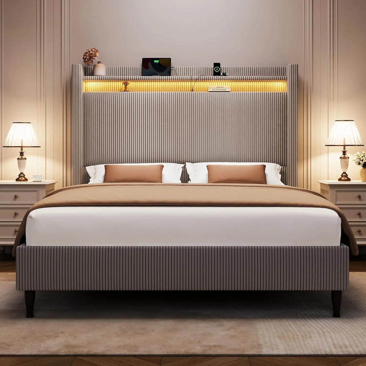 55.3 Inch Corduroy Upholstered Platform Bed Frame with LED USB Charging