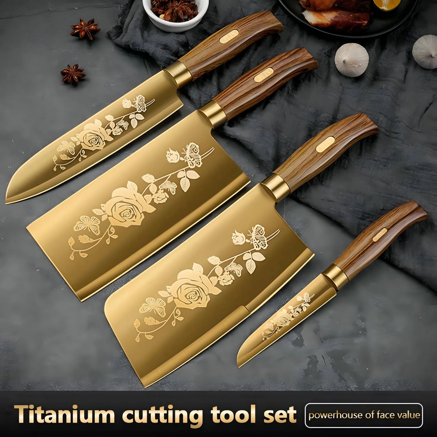 4-Piece Titanium-Coated Kitchen Knife Set for Home and Commercial Use