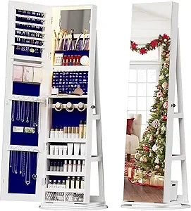 360 Degree Swivel Jewelry Cabinet Full Length Mirror Storage Organizer