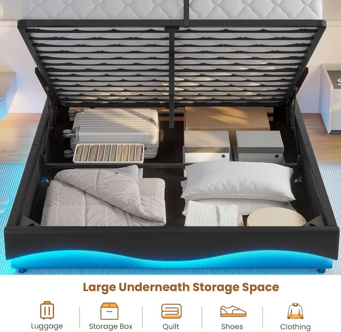 Lift Up Storage Queen Bed Frame with Charging Station and LED Lights