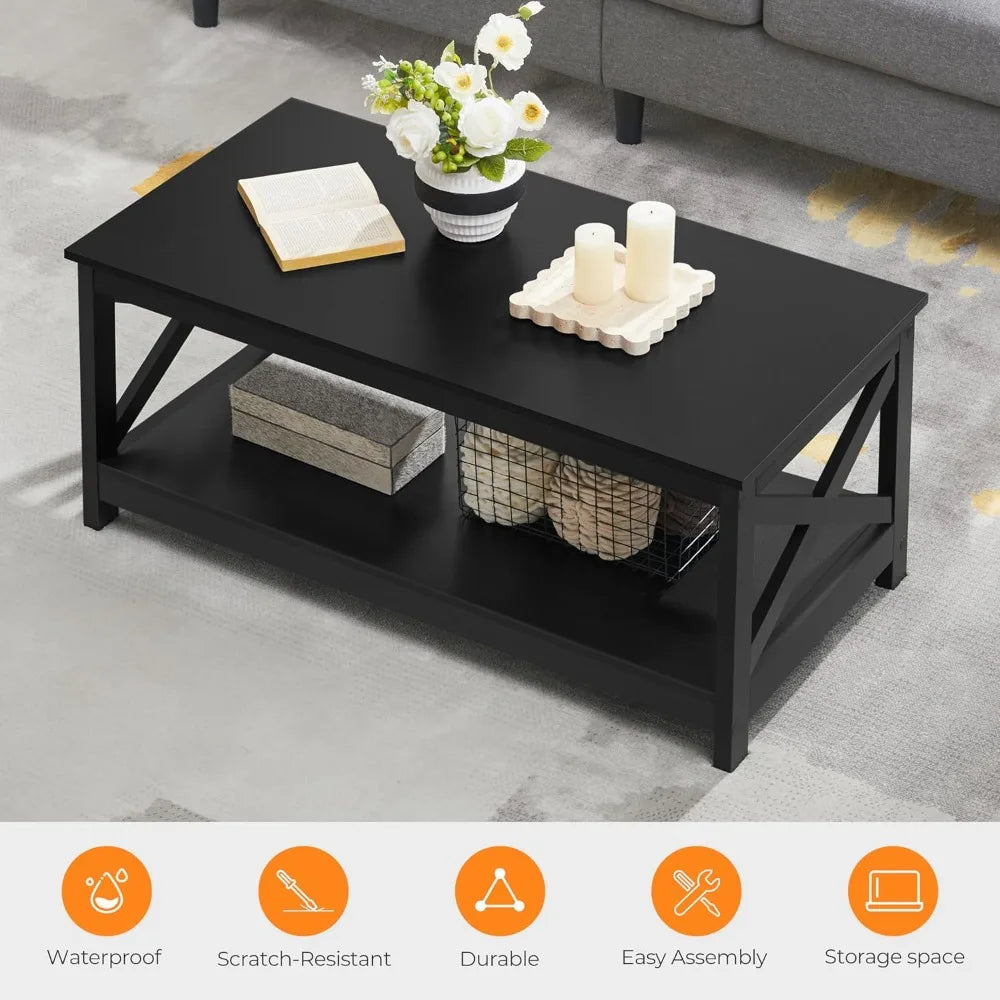 Wood 2-Tier Coffee Table with Storage Shelf Modern X Design Living Room