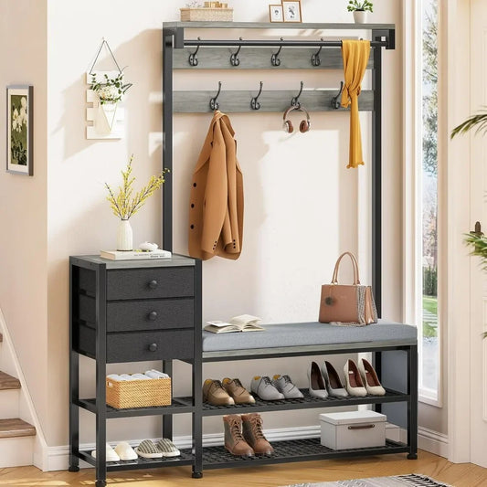 7-in-1 Entryway Bench Coat Rack with Storage Cushion and Drawers