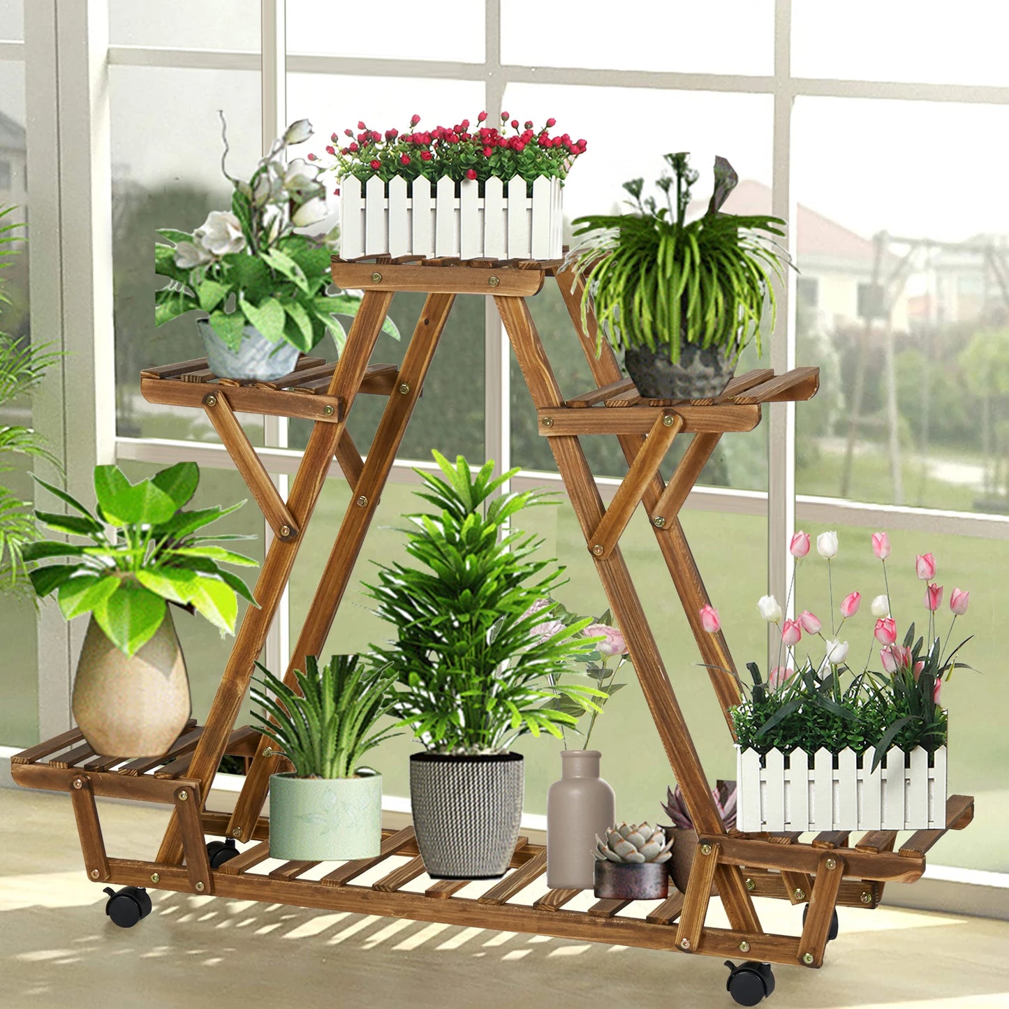 Triangular Plant Shelf with Wheels 6-Tier Carbonized Wood Display Rack