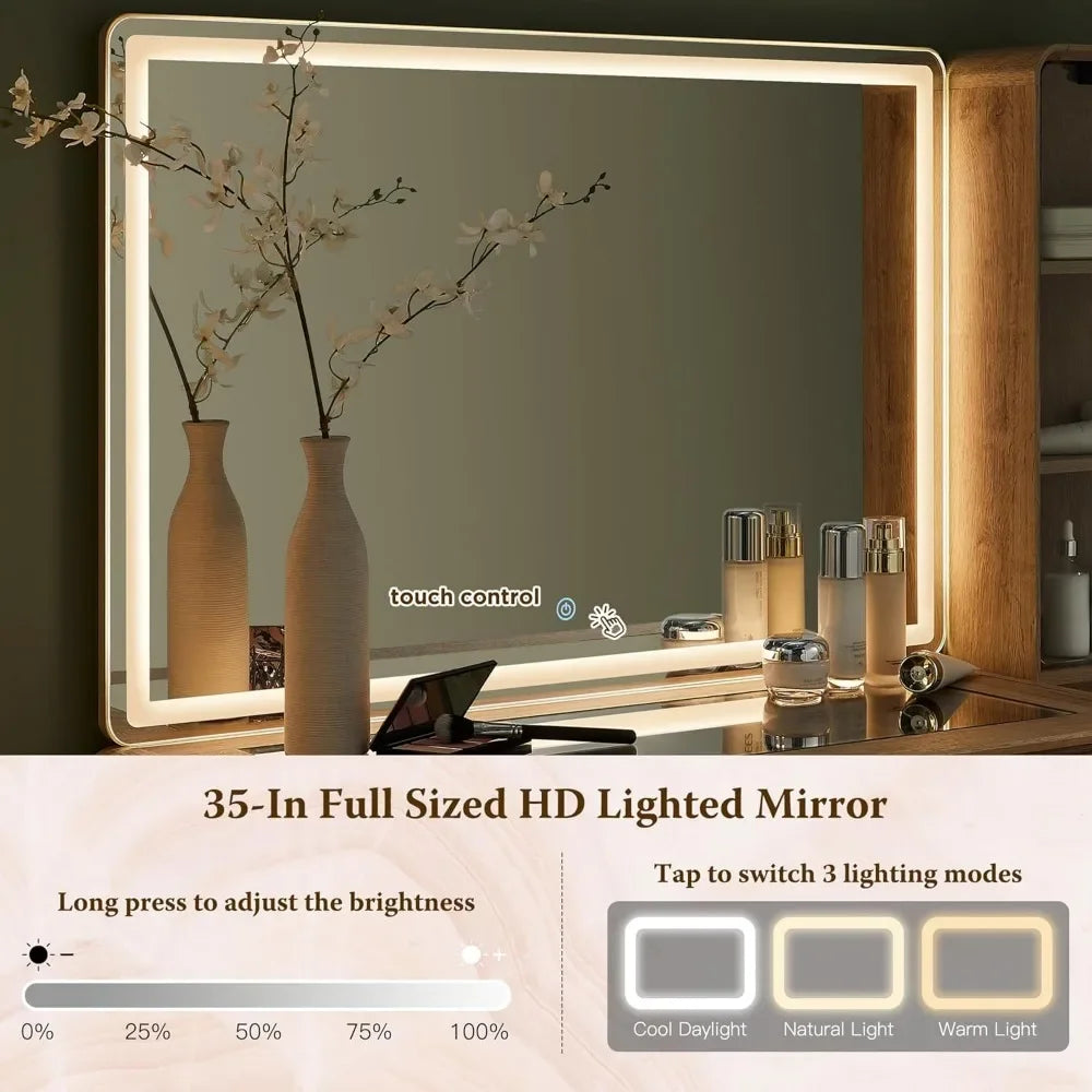 Fluted Makeup Vanity Desk with 35" Lighted Mirror and 5 Drawers