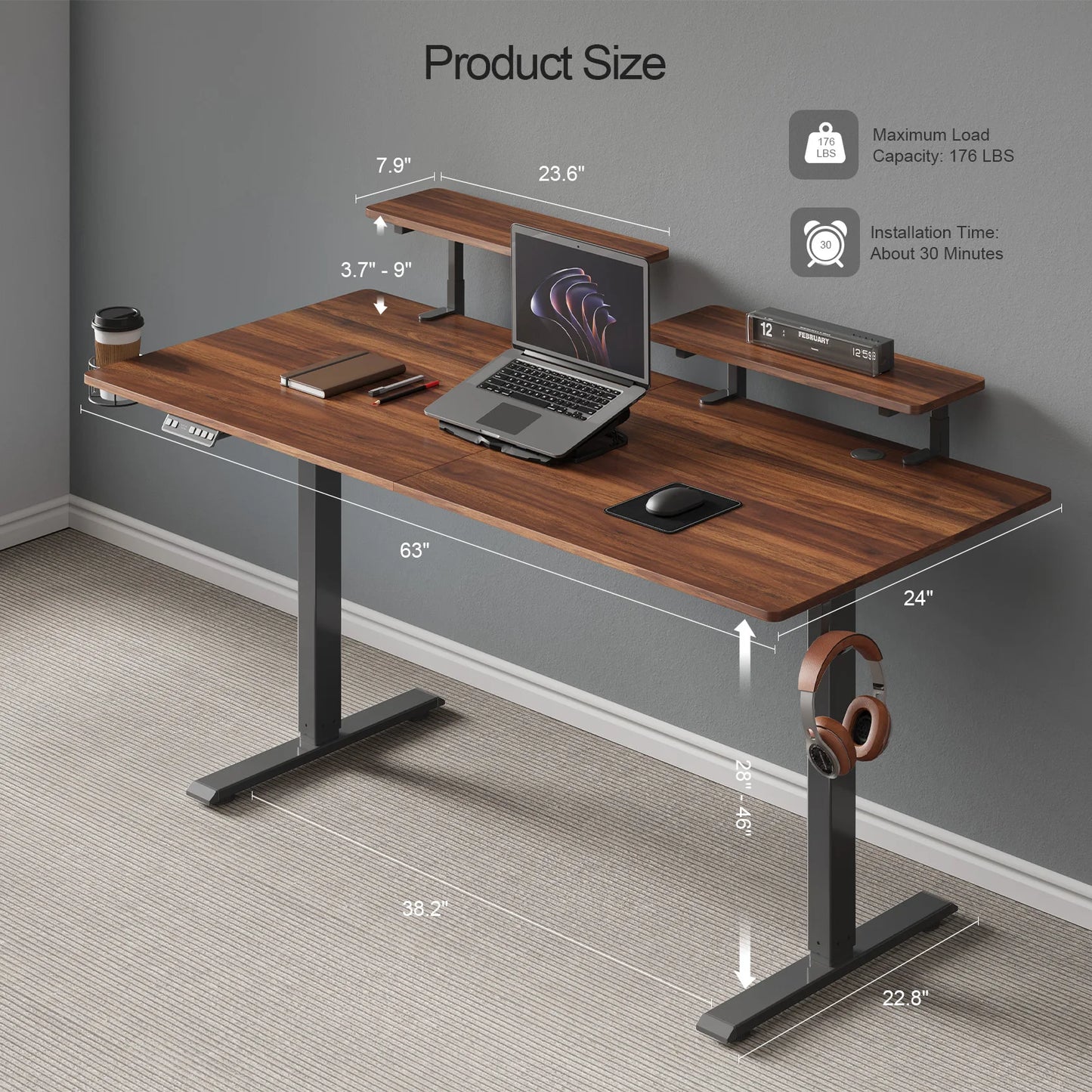 Electric Standing Desk with Adjustable Monitor Shelves and Memory Controller