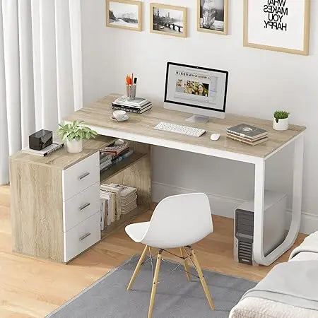 L-Shaped Home Office Desk with Storage 3 Drawers 2 Shelves Modern Design