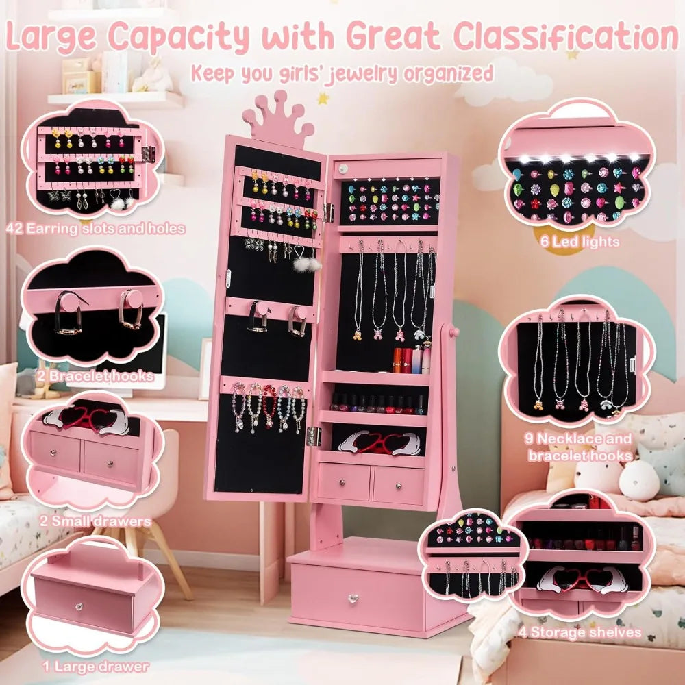 Kids Jewelry Armoire Cabinet with Mirror LED Light Organizer Storage