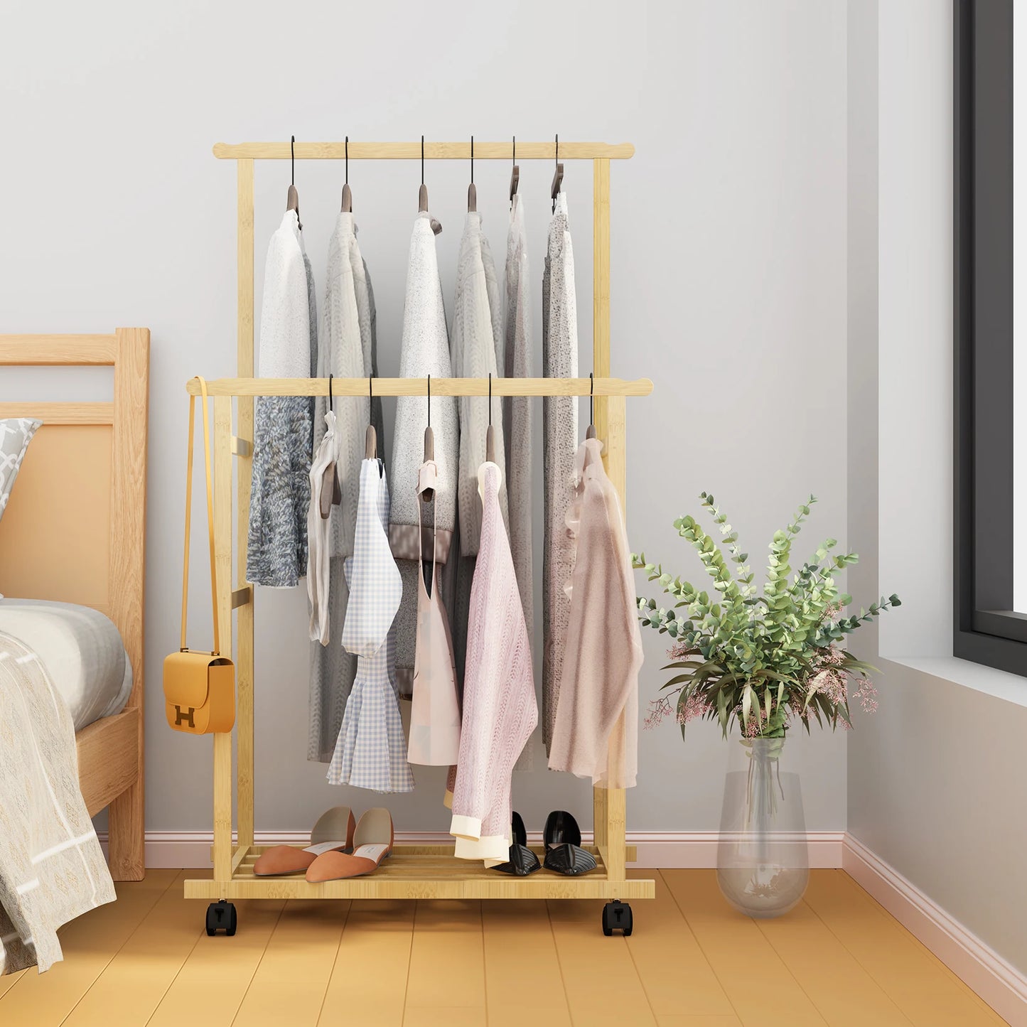 Ljustra Bamboo Clothes Rail Double Hanging Rack on Wheels with Shelves
