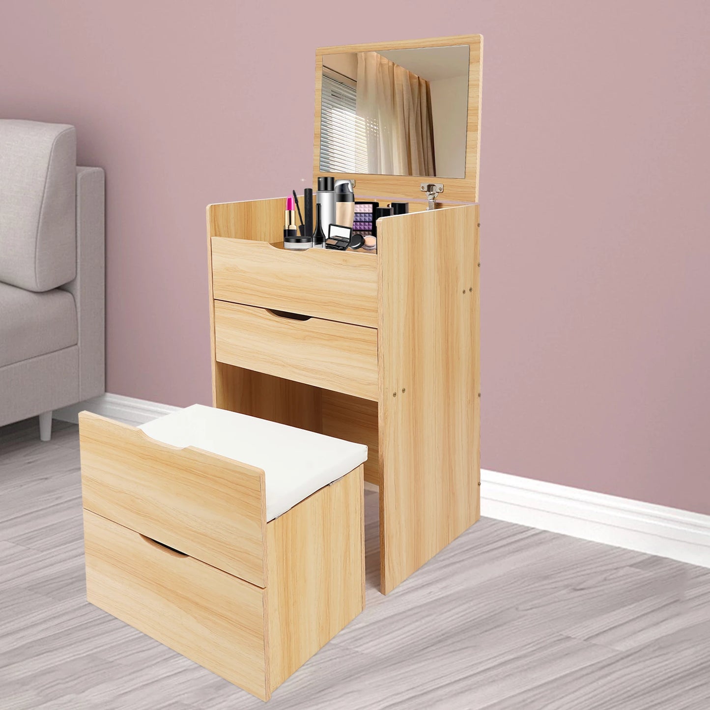 48CM Log Color Vanity Desk with Makeup Stool Modern Dresser Table