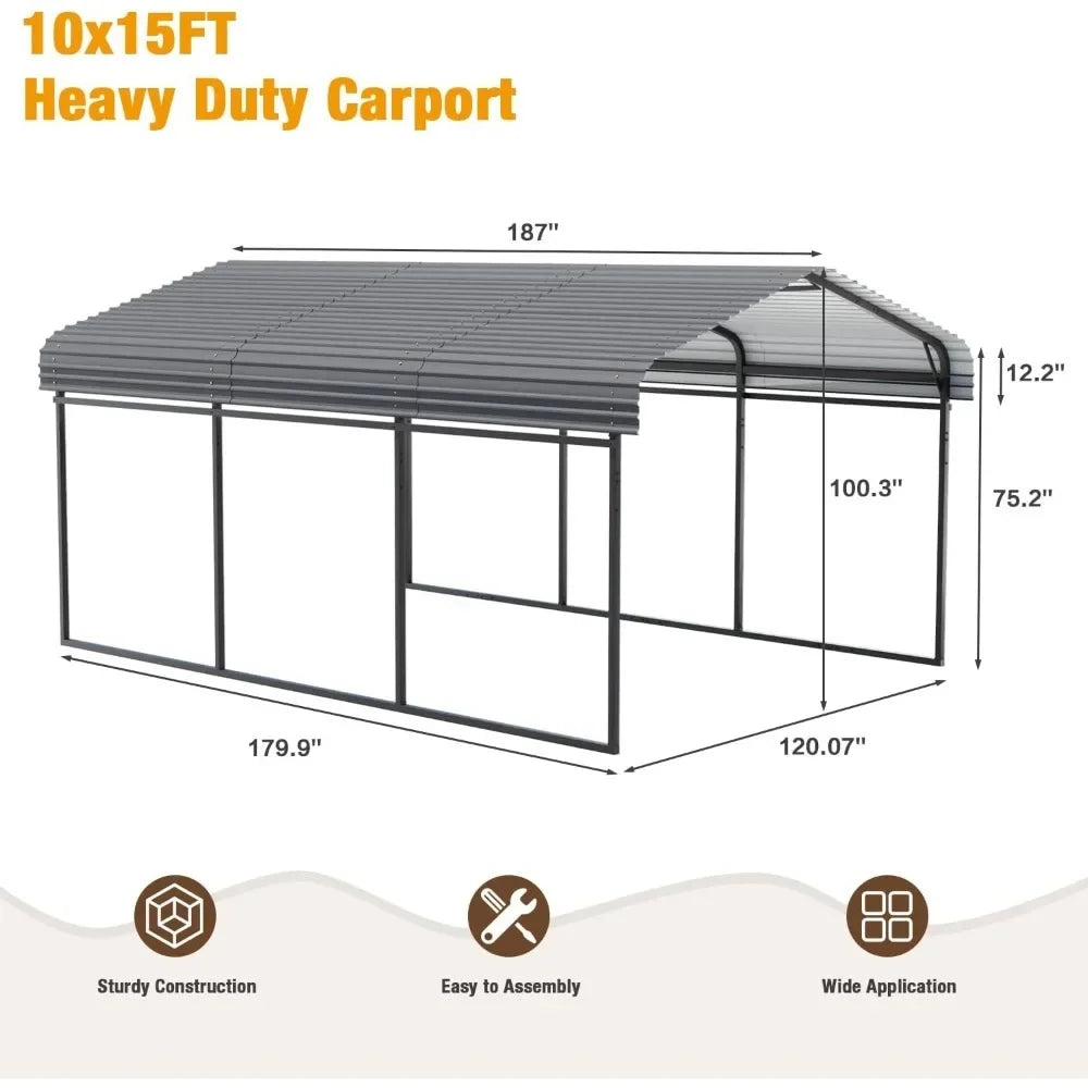 Heavy Duty 10x15 FT Metal Carport Galvanized Steel Roof Outdoor Shelter