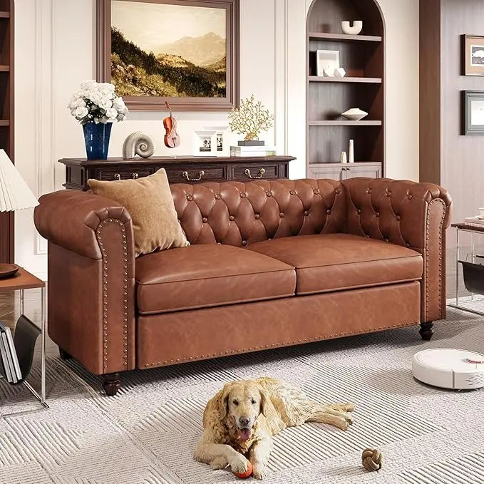 Chesterfield Faux Leather Sofa 72” Couch Tufted Rolled Arms for Living Room