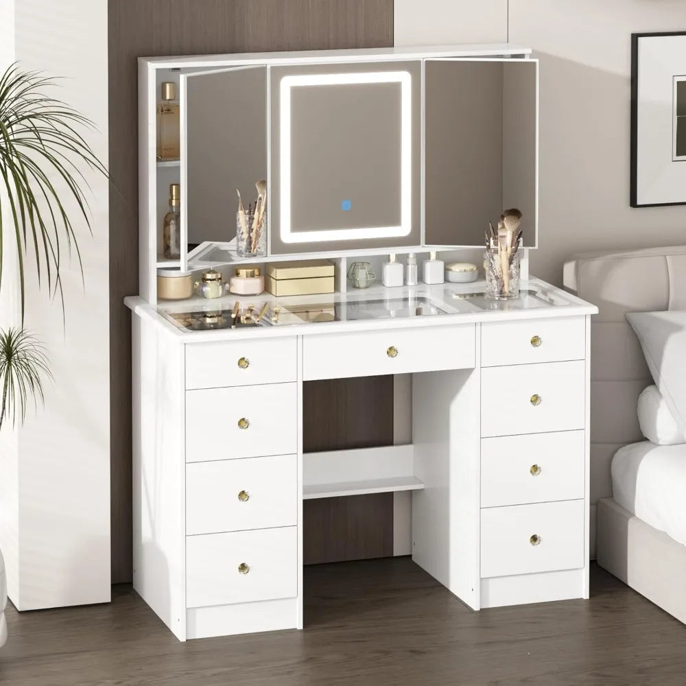Ljustra Modern Vanity Desk with Mirror and Lights 9 Drawers Makeup Table
