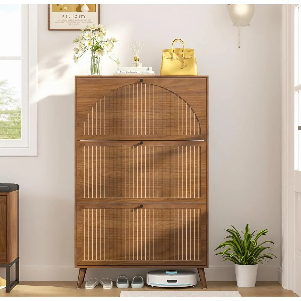 Shoe Storage Cabinet Entryway 3 Flip Drawers Narrow Organizer Freestanding