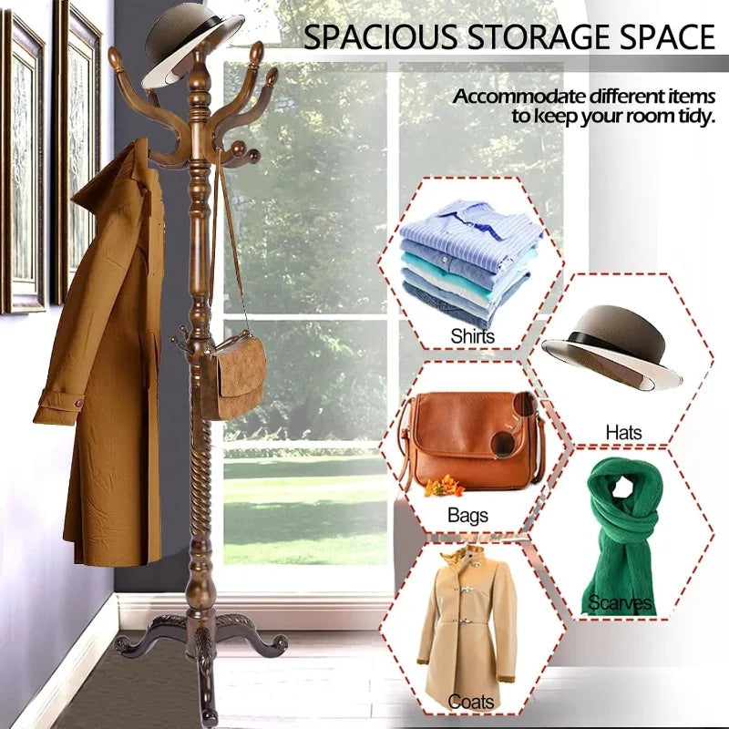 Free Standing Coat Rack with 11 Hooks Adjustable Height Natural Wood