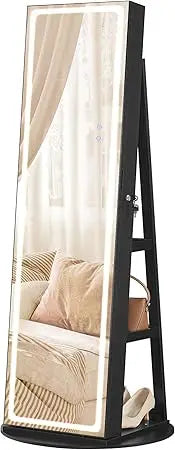 Standing LED Jewelry Cabinet with Lockable Armoire Full-Length Mirror