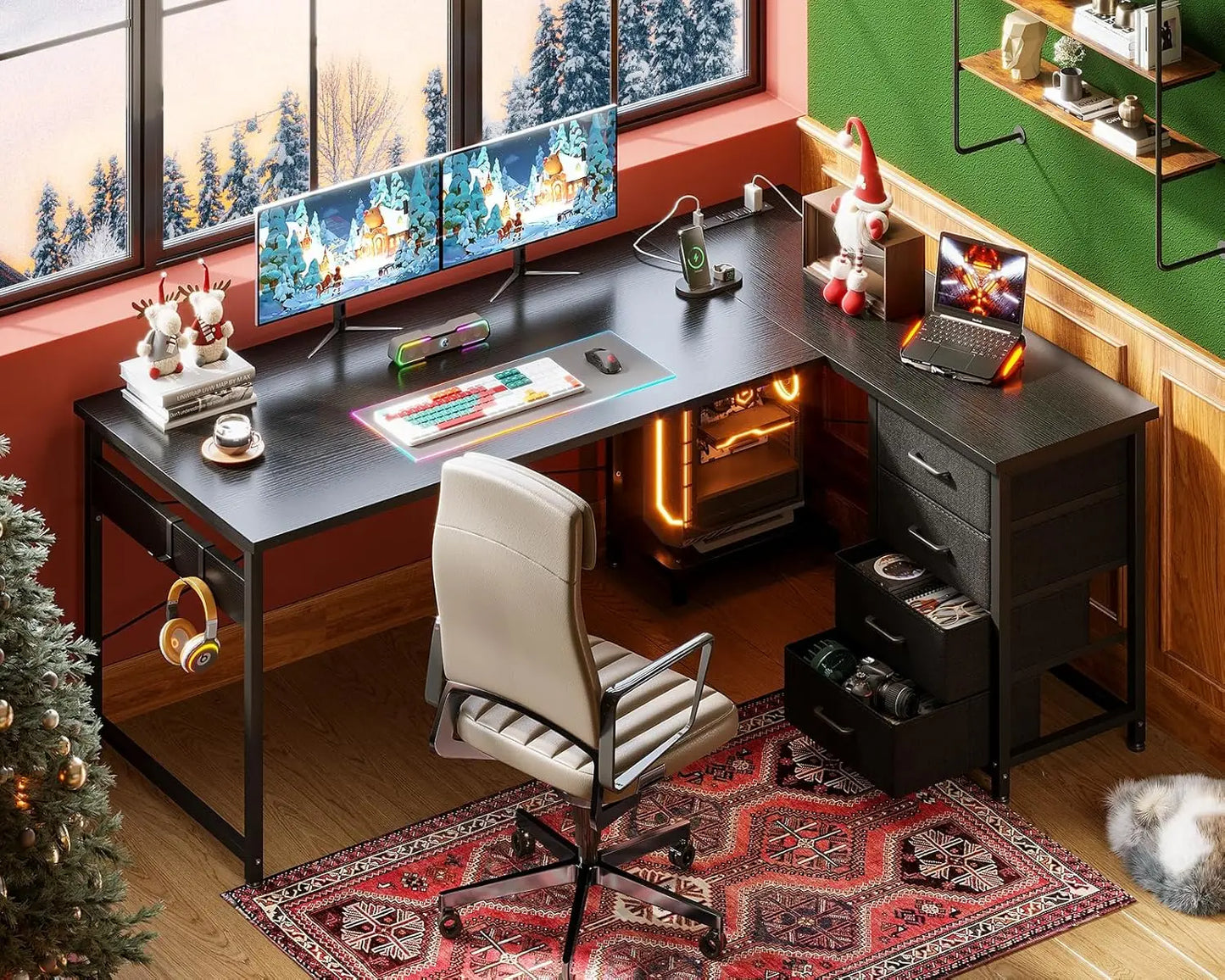 L Shaped Gaming Desk with 4 Drawers and USB Charging Power Outlets