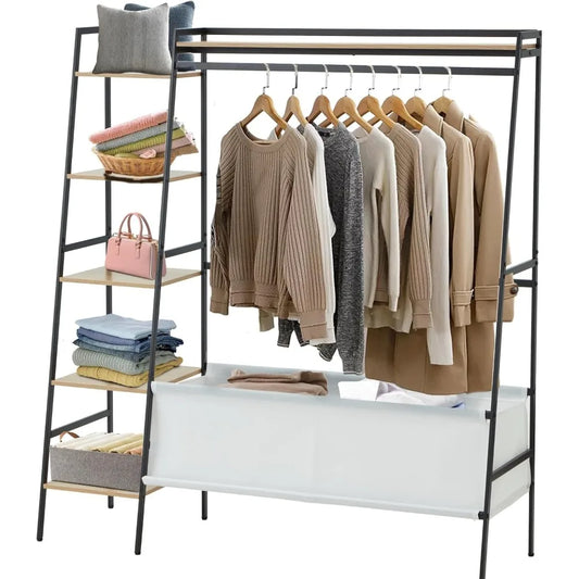 Modern Clothing Rack with Storage Shelves and Bag for Hanging Clothes