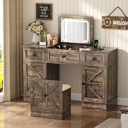 3-in-1 Vanity Desk with LED Lights and Mirror Compact Makeup Table