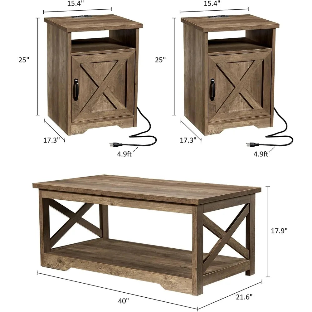 3-Piece Farmhouse Coffee Table Set with Charging Station and Storage