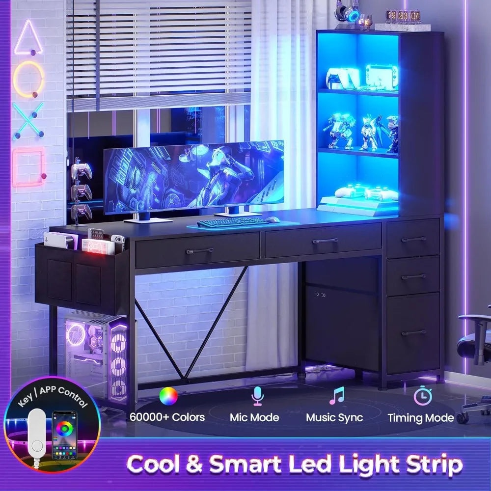 Computer Gaming Desk with 5 Drawers Bookshelf Reversible Home Office