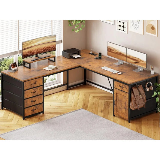 L Shaped Desk 63 Inch Computer Desk with 5 Drawers and Power Outlet