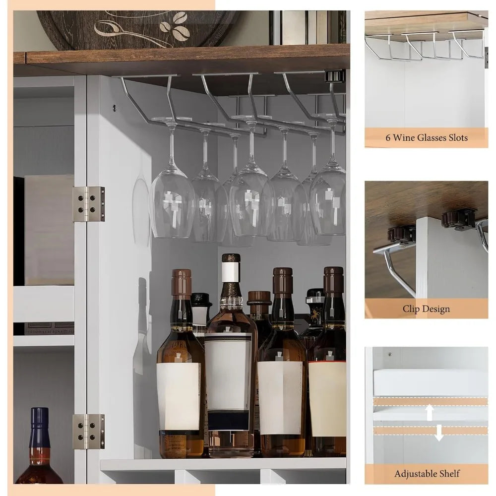 61 Inch Farmhouse Bar Cabinet with Wine Racks and Folding Storage