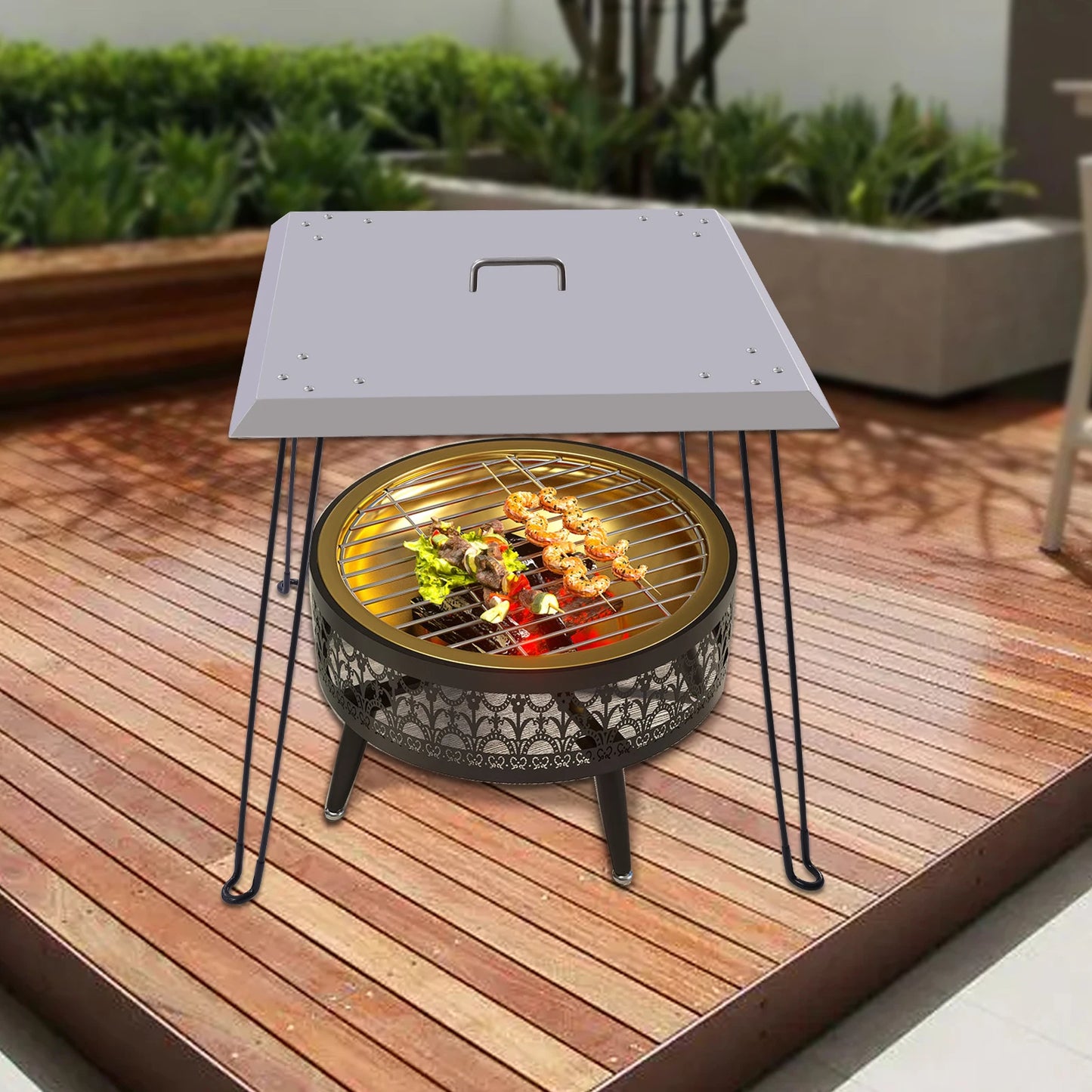 Stainless Steel Fire Pit Heat Deflector Square Lid with Foldable Legs