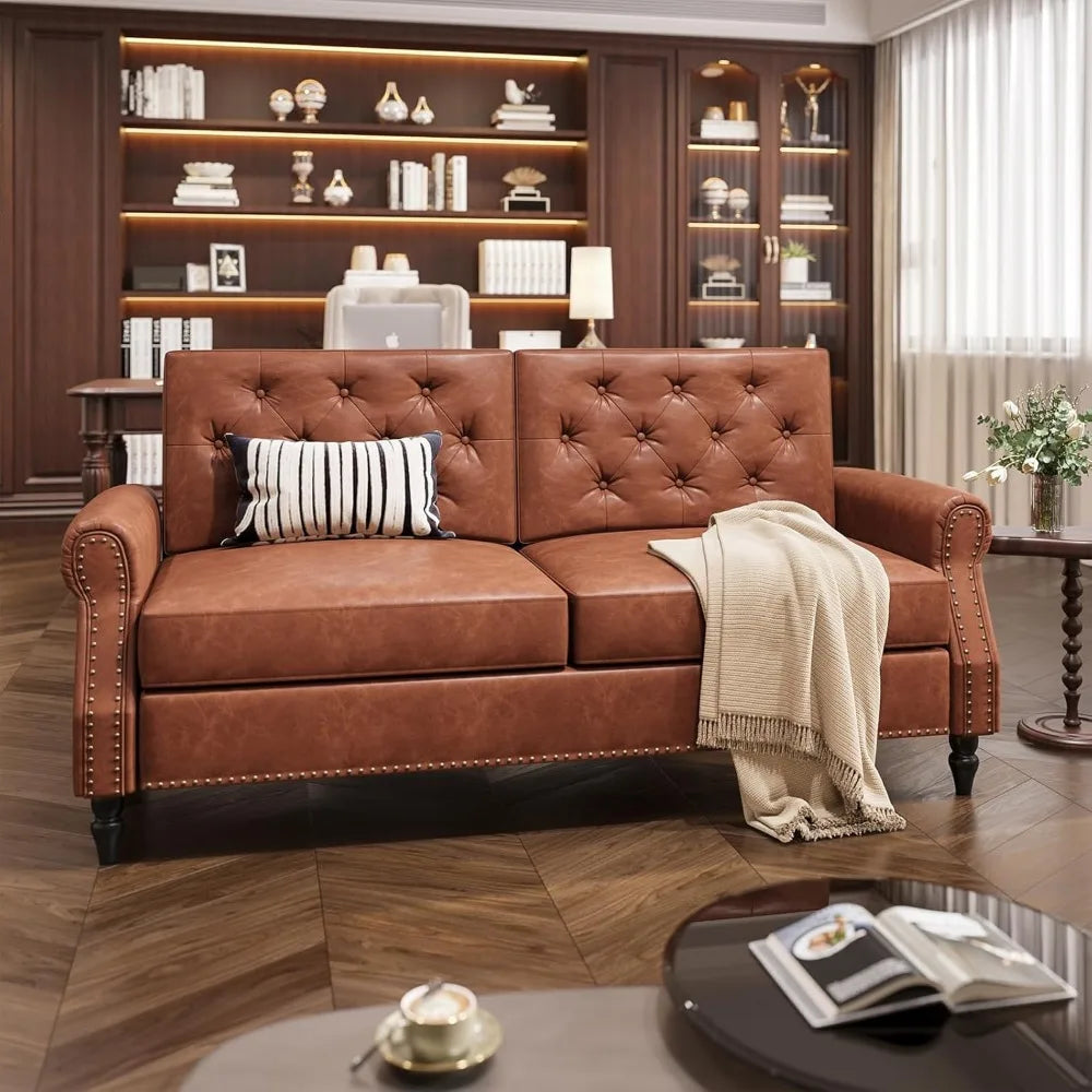 Ljustra Brown Couch 73 Inch Sofa Faux Leather Vintage Office Sofa