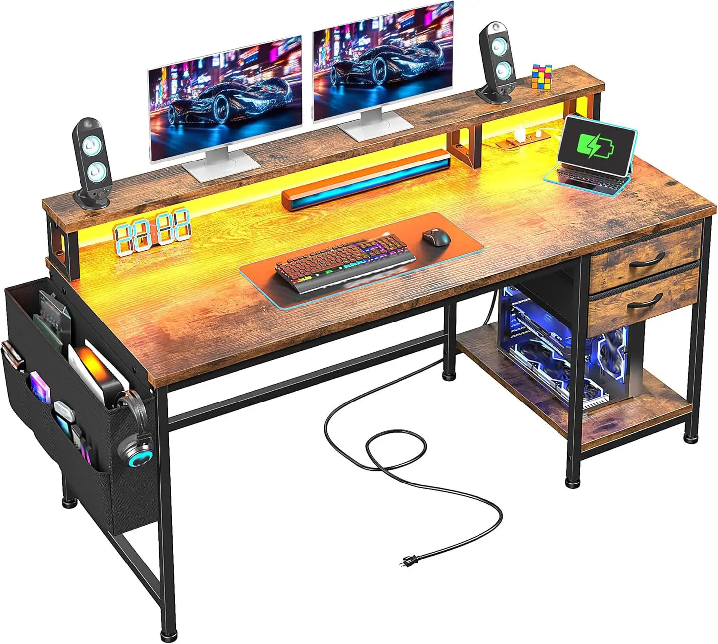 Ljustra Computer Desk with Drawers Storage Bag Power Outlets Monitor Stand