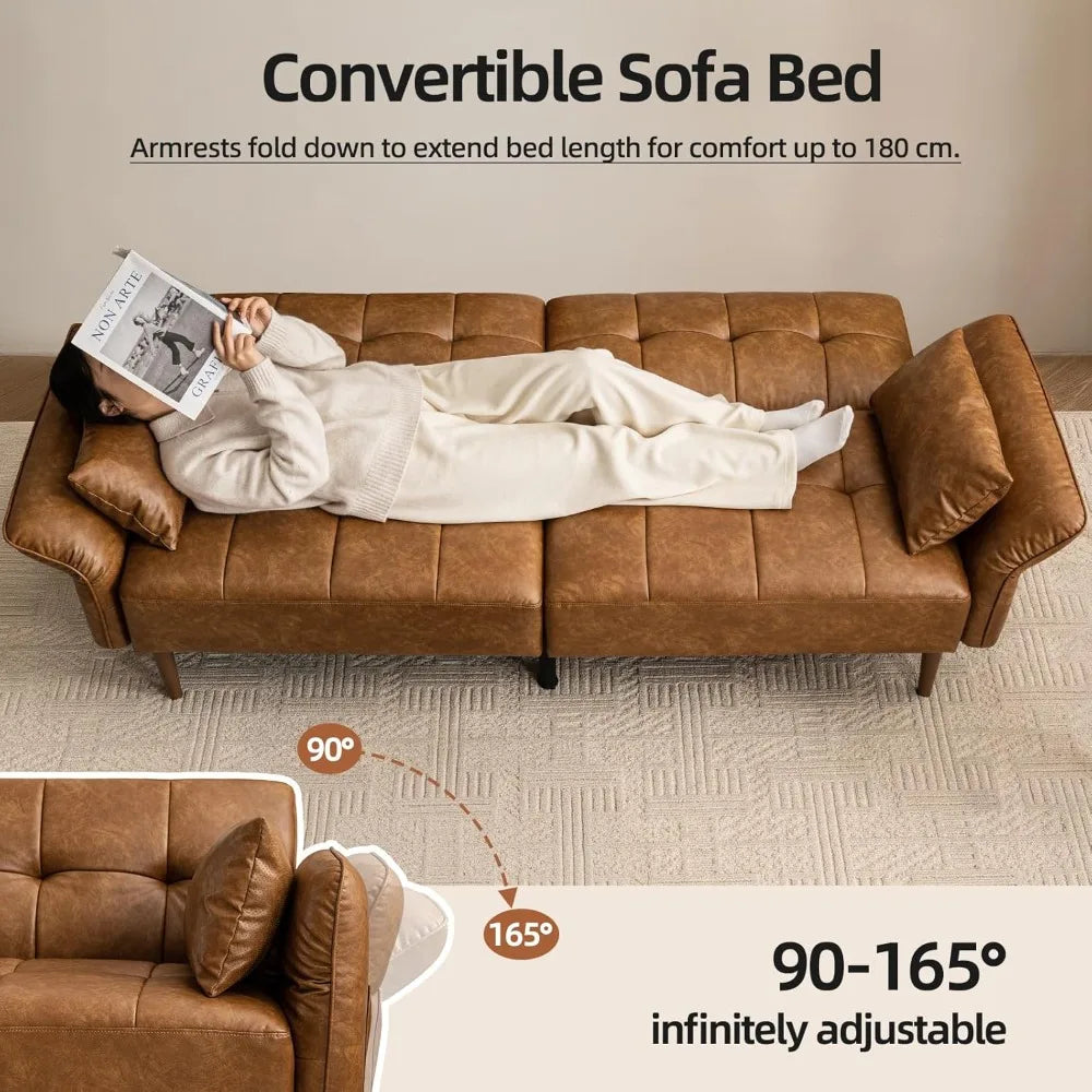 85 Inch Mid Century Modern Faux Leather Futon Sofa Bed Couch Storage